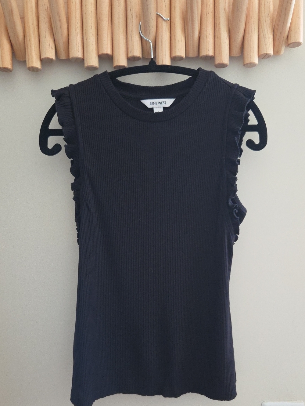 Nine West Black Ribbed Tank with Ruffle Shoulders